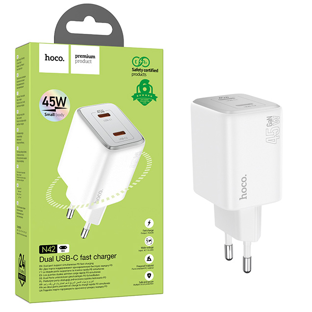 СЗУ блок Hoco N42 Elogiado dual-port PD45W (2C) (White) (12)