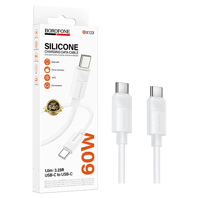 Кабель Borofone BX123 (Type-C to Type-C) Leya 60W silicone charging (White) (360)