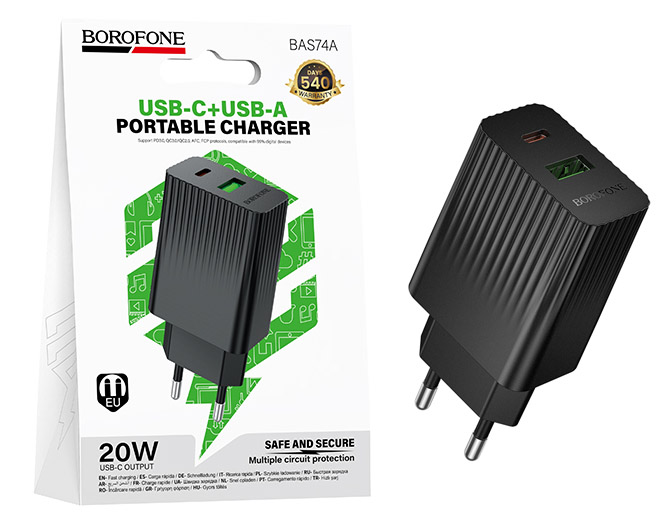 СЗУ блок Borofone BAS74A Source PD20W+QC3.0 charger (Black) (от 30 штук цена 138р) (20)
