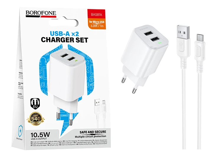 СЗУ Borofone BAS81A (USB to Micro) Star dual-port charger set (White) (20)