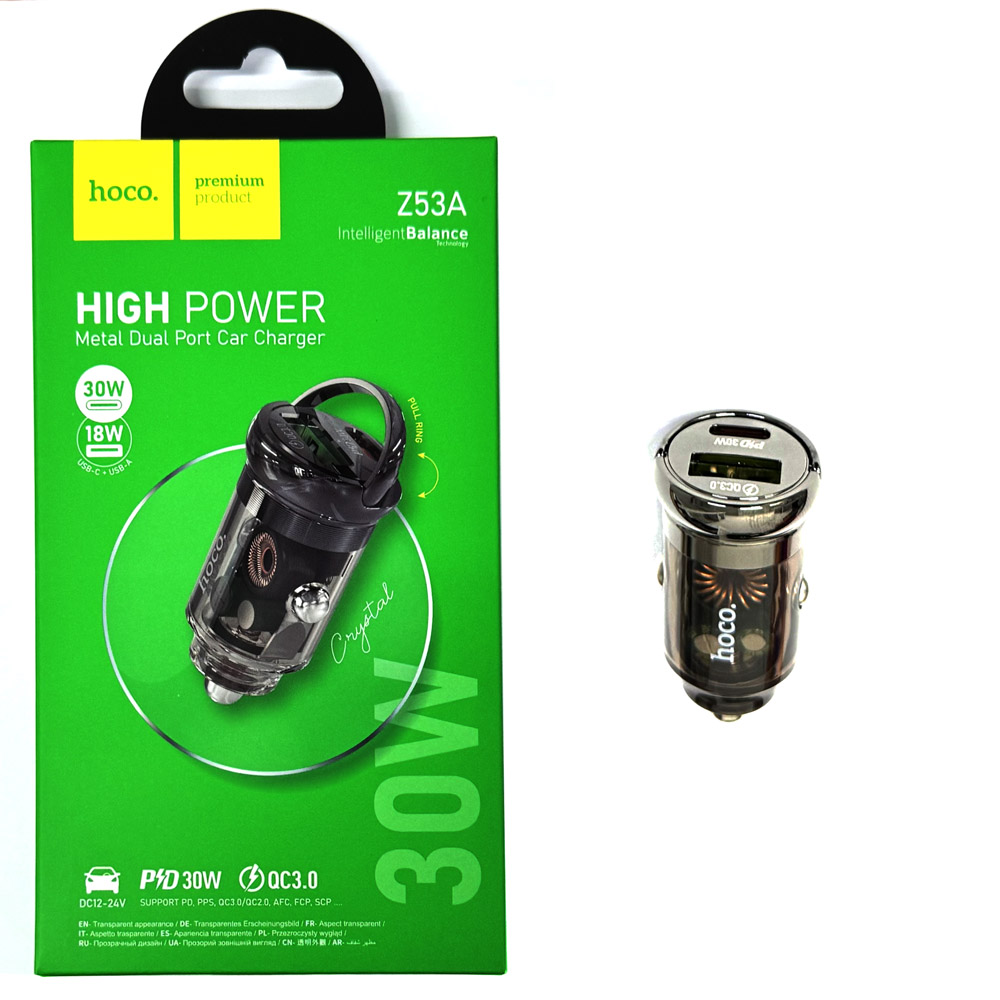 АЗУ блок Hoco Z53A Vision PD30W+QC3.0 car charger (Transparent Black) (15)