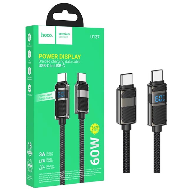 Кабель Hoco U137 (Type-C to Type-C) Line 60W charging data cable with display (Black) (22)