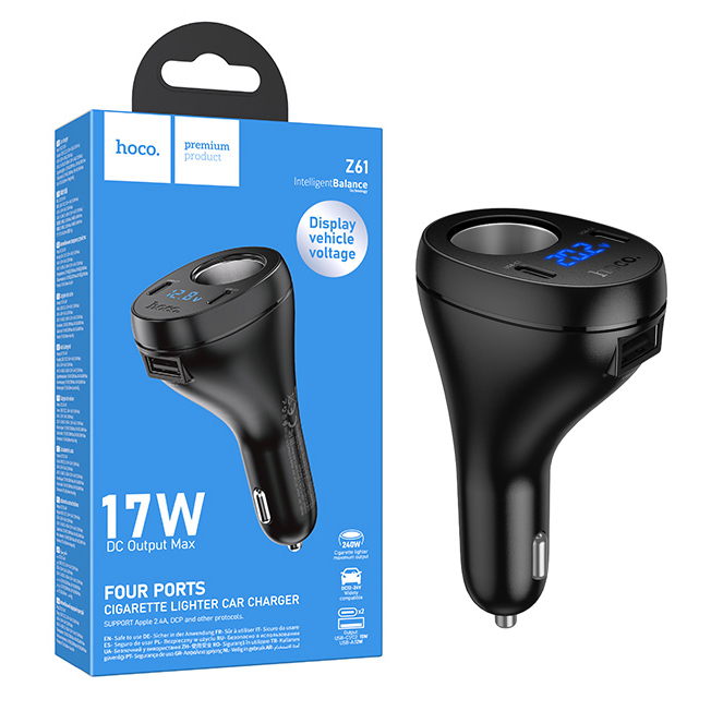 АЗУ блок Hoco Z61 Correct three-port cigarette lighter car charger (Black) (10)