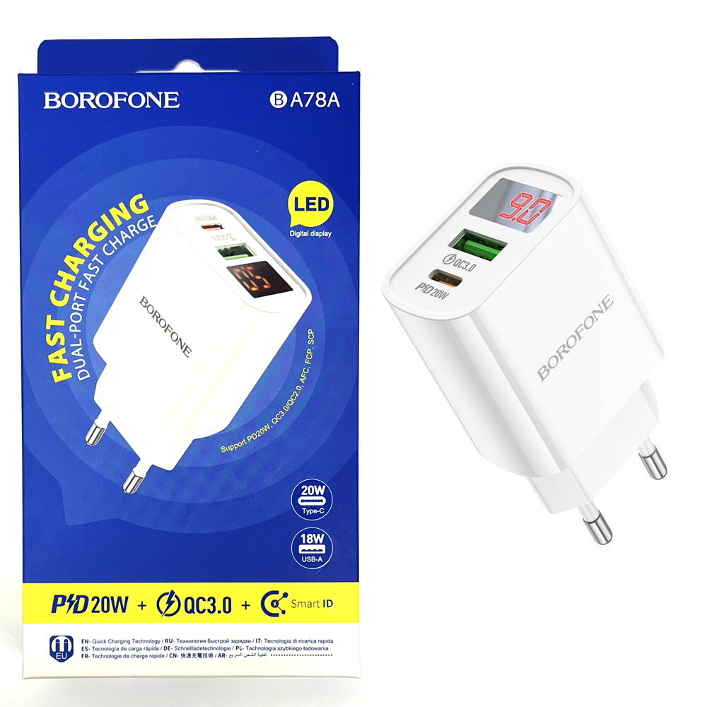 СЗУ блок Borofone BA78A Golden grid dual-port PD20W+QC3.0 charger with digital (White)