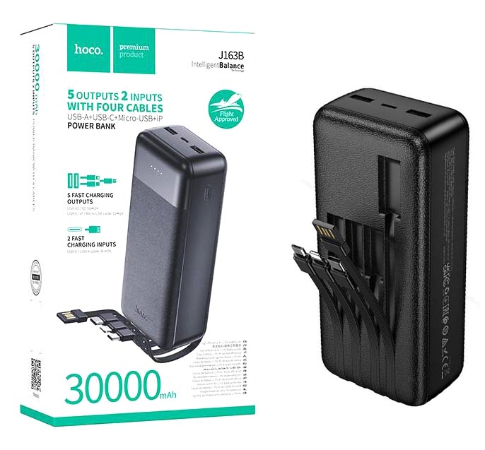 Аккумулятор (АКБ) Power Bank Hoco J163B (30000 mAh) Wonderful with 4 cables (Black)