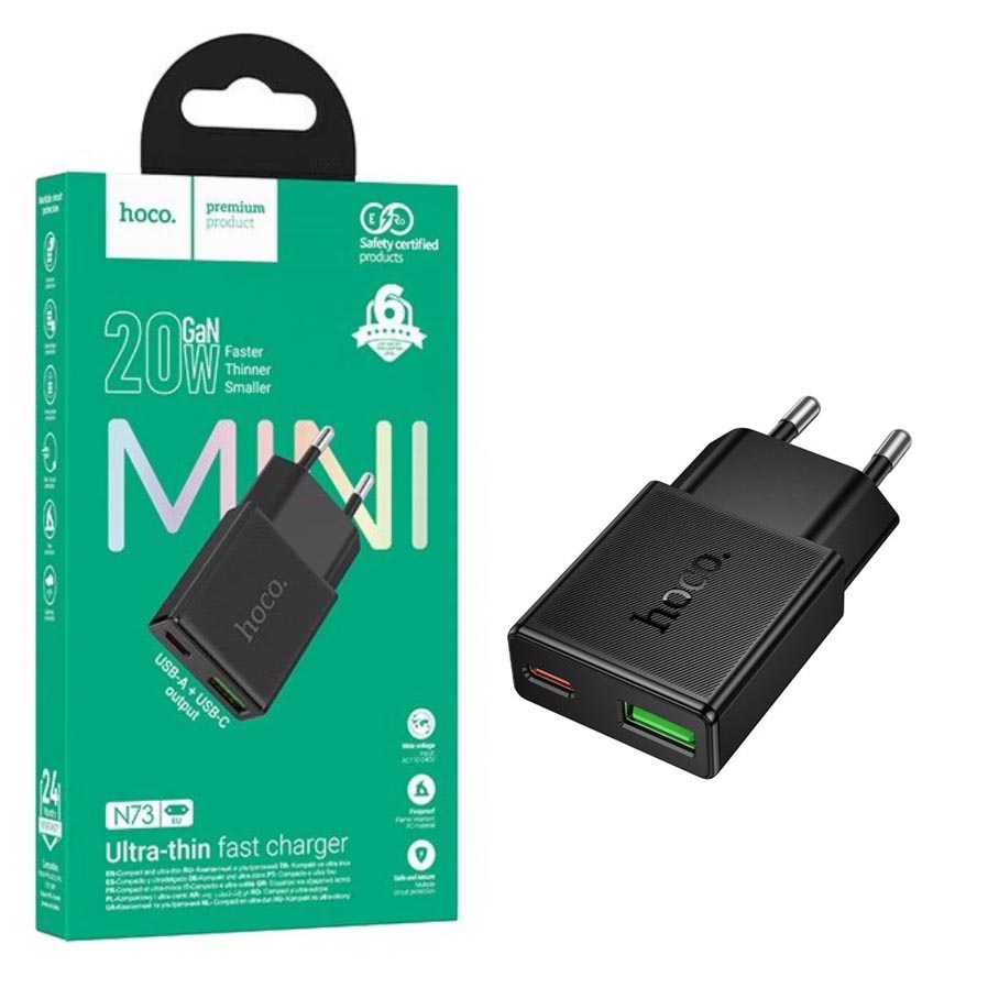 СЗУ блок Hoco N73 Speed PD20W+QC3.0 ultra-thin charger (Black) (23)