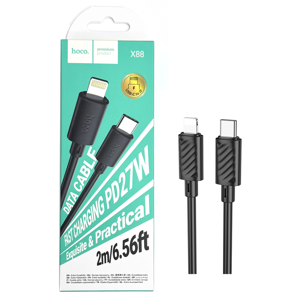 Кабель Hoco X88 (PD Type-C to Lightning) (2m) Gratified PD27W charg (Black)(от 30 штук цена 89) (30)