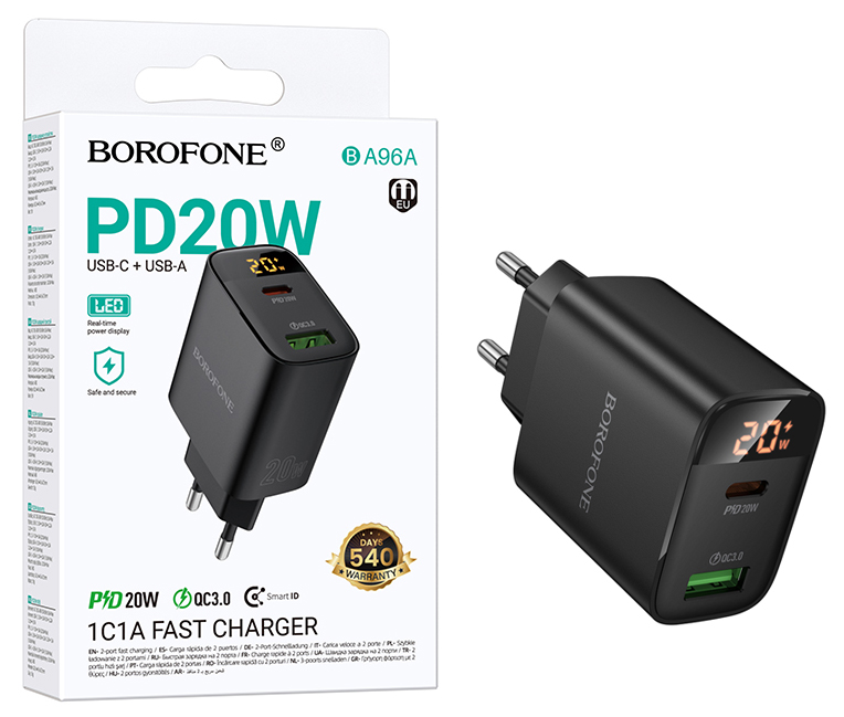 СЗУ блок Borofone BA96A Ilustre PD20W+QC3.0 charger with digital display (Black) (46)