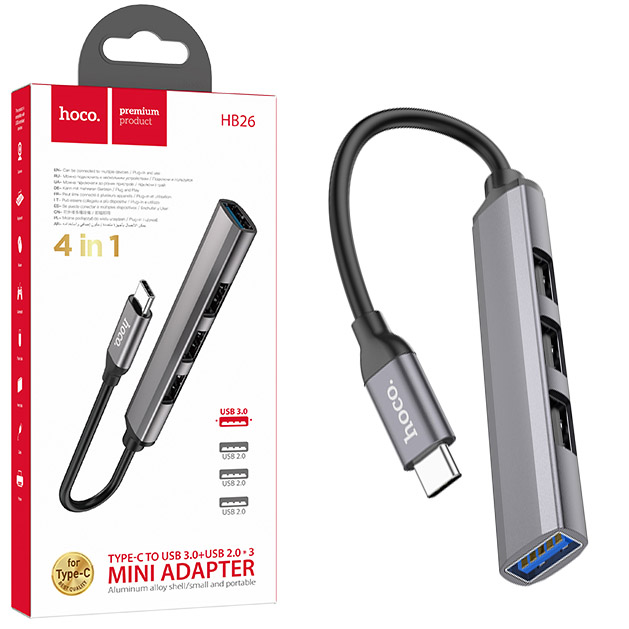 USB Hab Hoco HB26 4 in 1 adapter(Type-C to USB3.0+USB2.0*3) (Metal Gray)