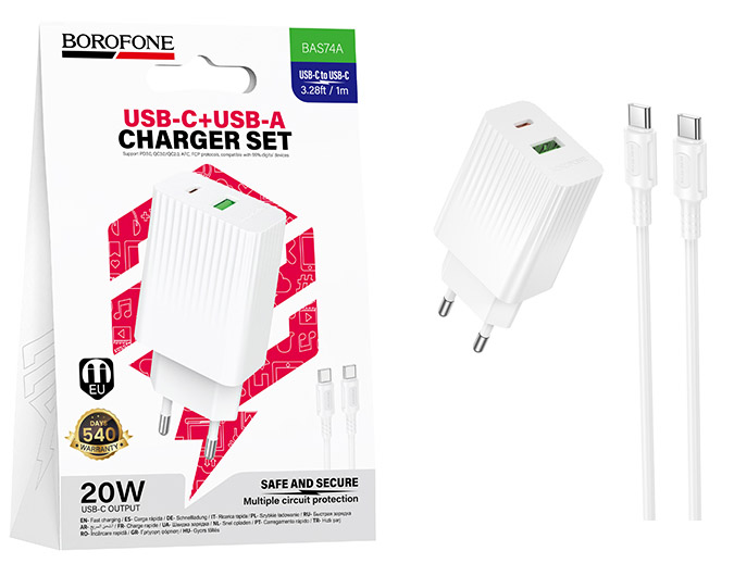 СЗУ Borofone BAS74A Type-C to Type-C Source PD20W+QC3.0 (White) (от 30 штук цена 160р) (20)