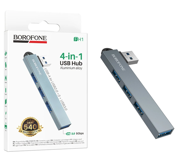 USB Hab Borofone FH1 4-in-1 converter(USB to USB2.0*3+USB3.0) (Metal Gray)