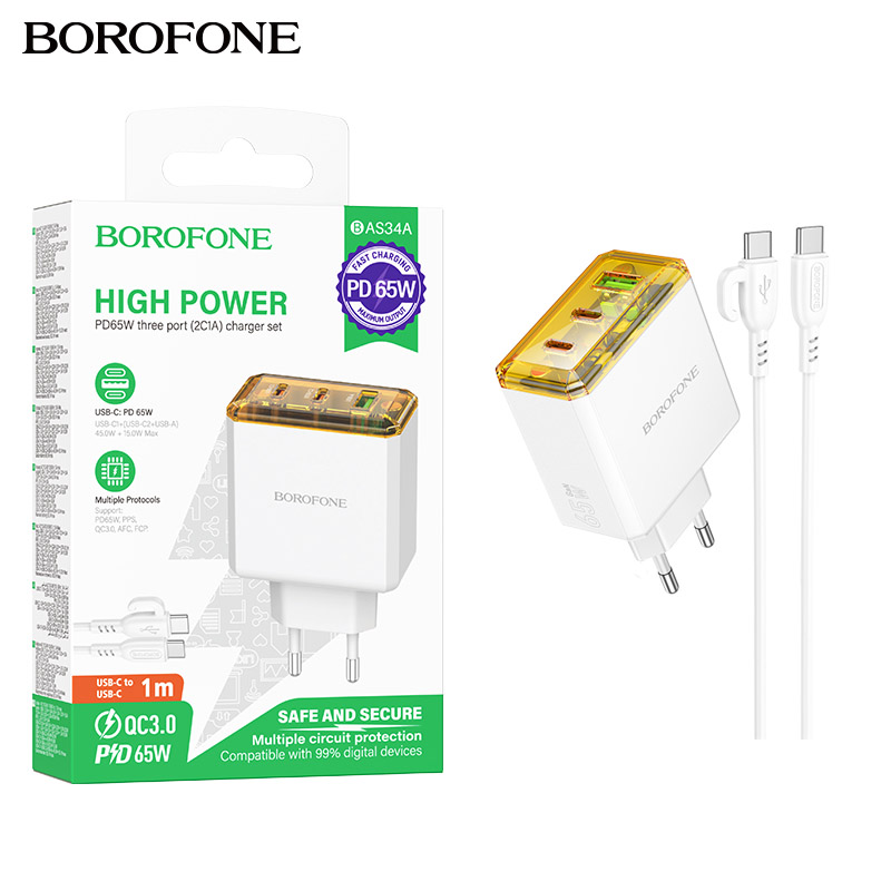 СЗУ Borofone BAS34A (Type-C to Type-C) Treasure PD65W(2C1A) charger set (White) (46)