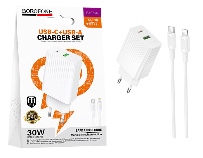СЗУ Borofone BAS76A Type-C to Lightning Source PD30W+QC3.0 (White) (от 30 штук цена 214р) (20)