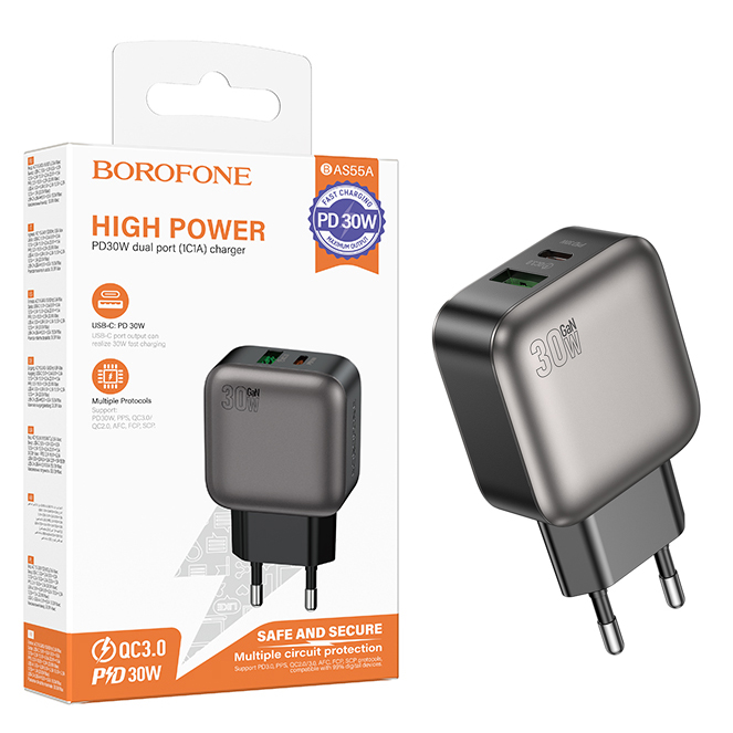 СЗУ блок Borofone BAS55A Absolute PD30W+QC3.0 charger (Black) (50)