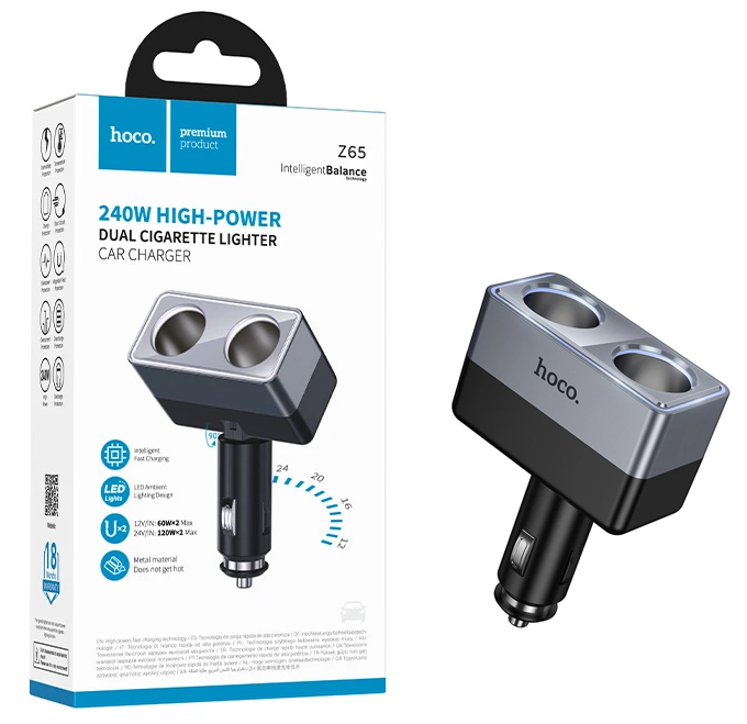 АЗУ блок Hoco Z65 Smart dual cigarette lighter car charger (Black) (11)
