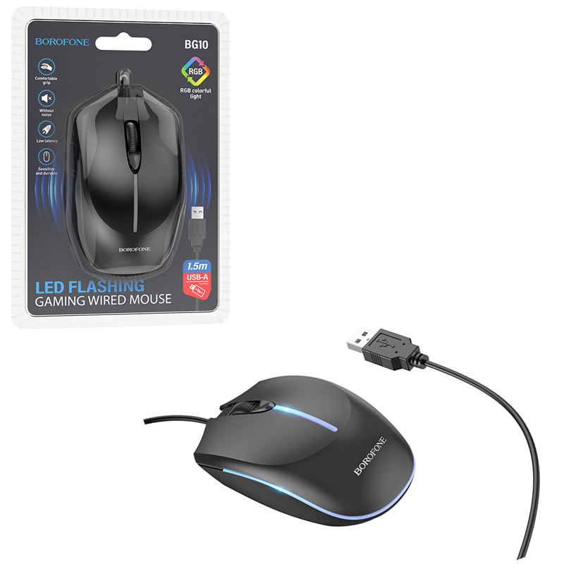 Мышь Borofone BG10 проводная Soaring game luminous wired (Black) (20)