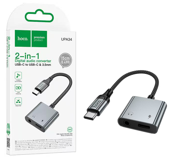 Переходник Hoco UPA34 (Type-C to Type-C+3.5) digital audio converter (Metal Gray)