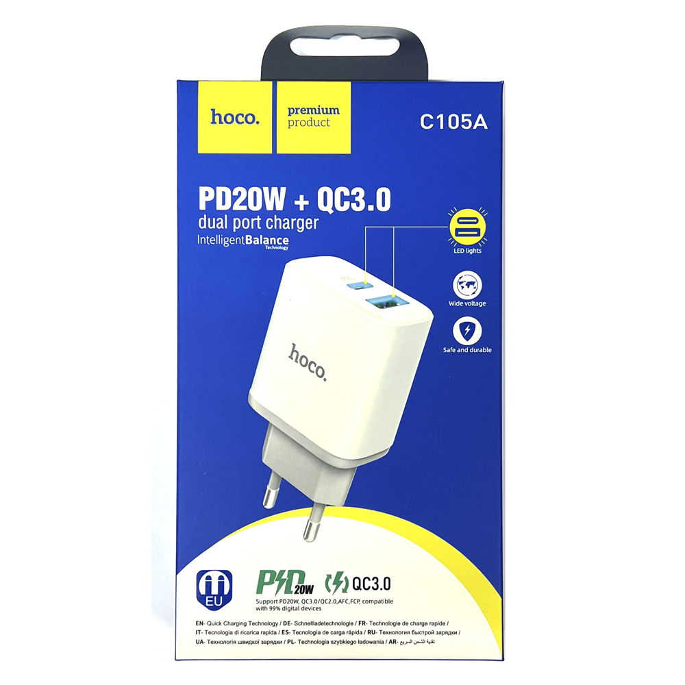 СЗУ блок Hoco C105A Stage dual port PD20W+QC3.0 charger (White) (13)