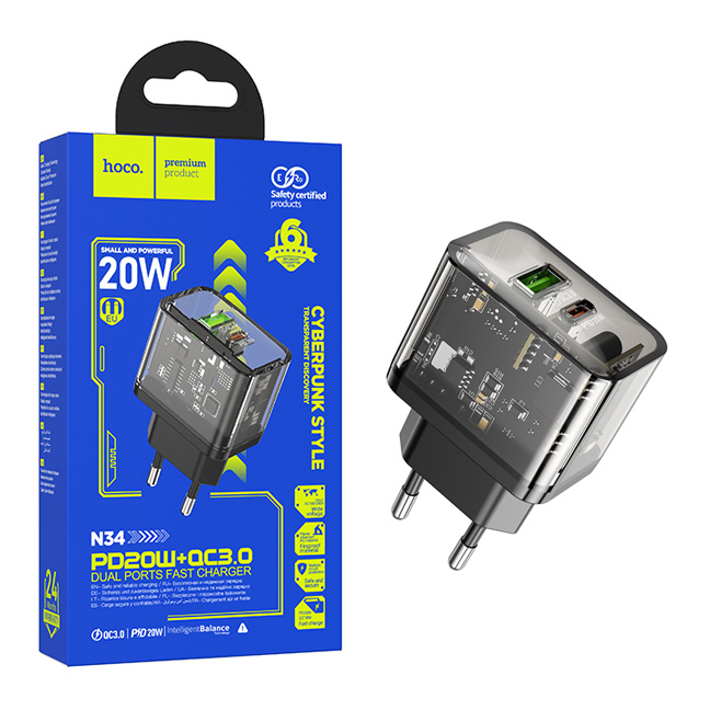 СЗУ блок Hoco N34 Dazzling dual-port PD20W+QC3.0 (Transparent Black) (13)