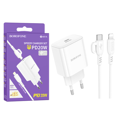 СЗУ Borofone BA81A (PD Type-C to Lightning) single port PD20W charger set (White) (44)