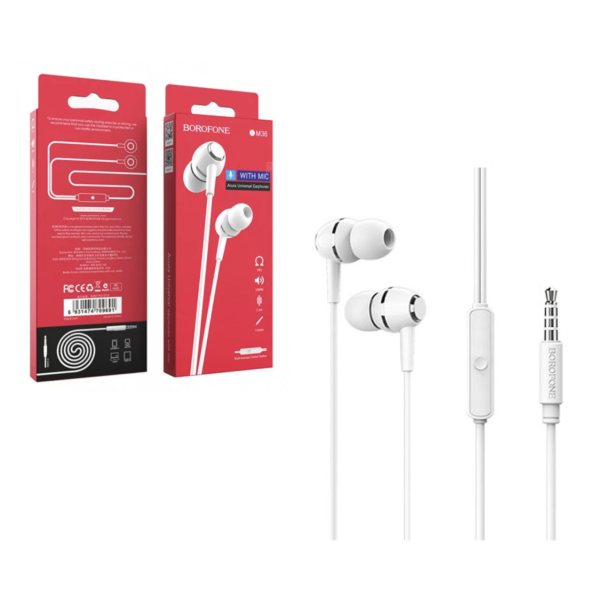 Наушники Borofone BM36 Acura Universal earphones with mic (White)