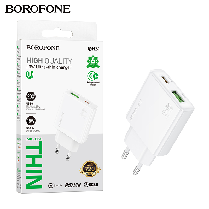 СЗУ блок Borofone BN24 Wish PD20W+QC3.0 charger (White) (26)