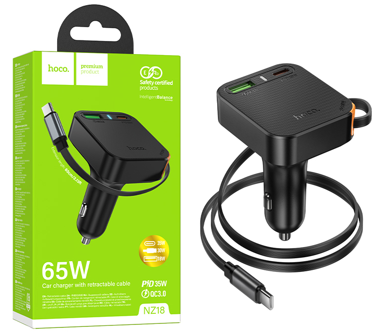АЗУ блок Hoco NZ18  Guardian PD65W(2C1A) car charger with retractable cable (Black)