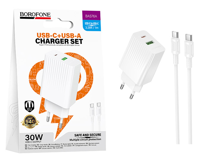 СЗУ Borofone BAS76A Type-C to Type-C Source PD30W+QC3.0 (White) (20)