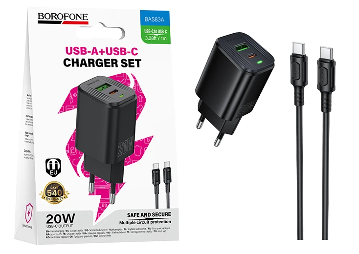 СЗУ Borofone BAS83A (Type-C to Type-C) Star PD20W+QC3.0 charger set (Black) (20)