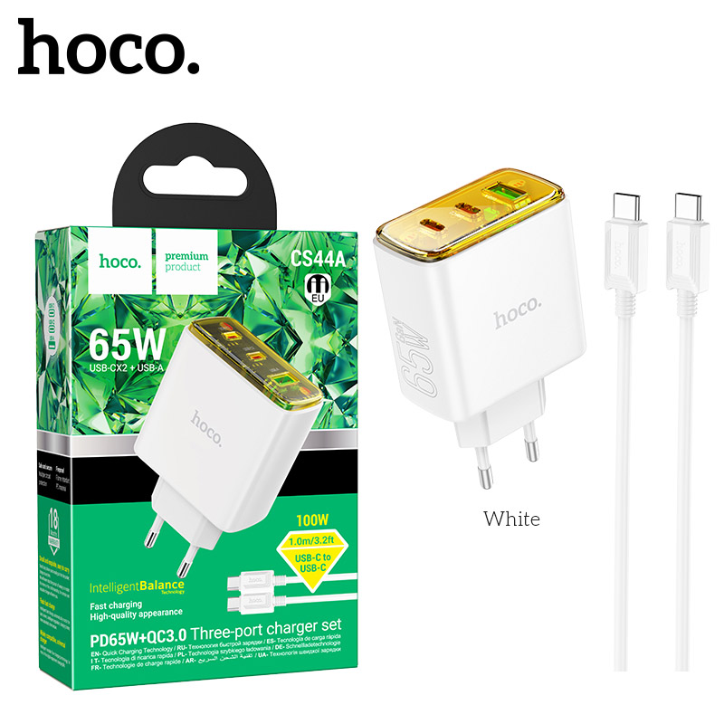 СЗУ Hoco CS44A (Type-C to Type-C) Smart PD65W(2C1A) charger set (White) (23)