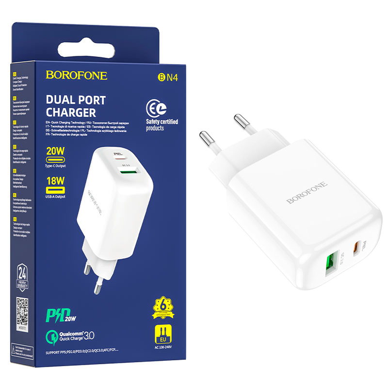 СЗУ блок Borofone BN4 Potential PD20W+QC3.0 charger (White)