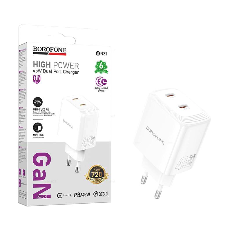СЗУ блок Borofone BN31 Cargador PD45W(2C) charger (White) (32)