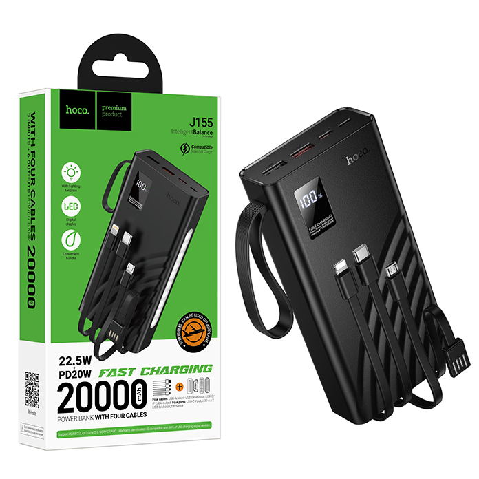 Аккумулятор (АКБ) Power Bank Hoco J155 (20000 mAh) Shine 22.5W+PD20W+light 4-cable (Black) (36)