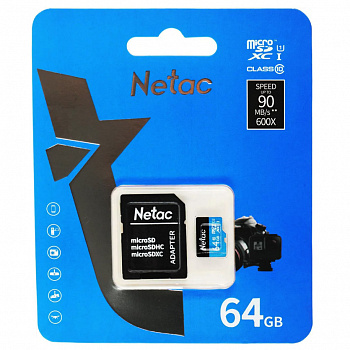 Карта памяти Micro SD 64 GB Netac P500 Standard Class 10 UHS-I (90 Mb/s) + SD адаптер