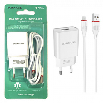 СЗУ Borofone BA20A (USB to Micro) 2.1A Sharp single port charger set (White) (48)