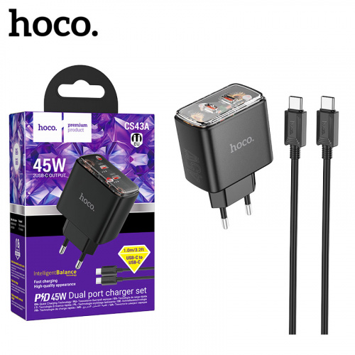 СЗУ Hoco CS43A (Type-C to Type-C) Smart PD45W(2C) charger set (Black) (32)