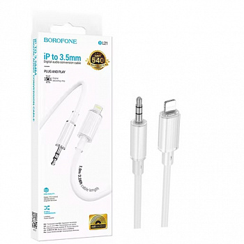 Кабель AUX 3,5 на Lightning Borofone BL21 (1m) Lemon digital audio conversion cable (White) (360)