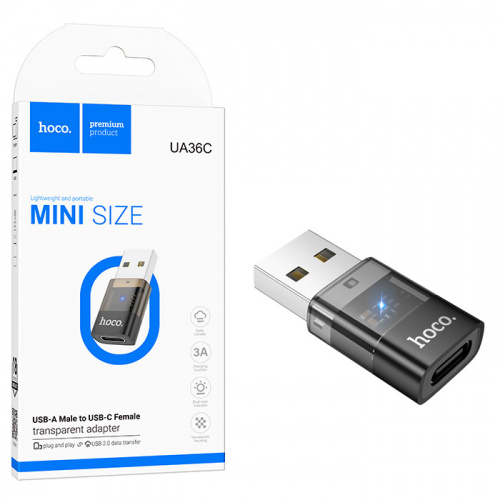 Переходник Hoco UA36C USB male to C female USB2.0 transparent adapter (Black) (46)