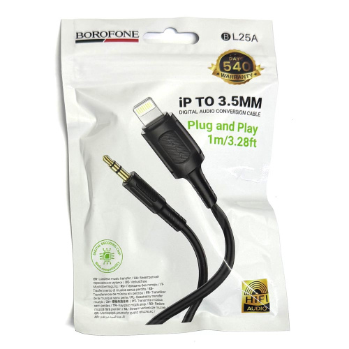 Кабель AUX 3,5 на Lightning Borofone BL25A (1m) Nice digital audio conversion cable (Black) (25)