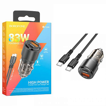 АЗУ Borofone BZ20A (Type-C to Type-C) Smart 83W dual port PD65W+QC3.0 car (Transparent Black) (37)