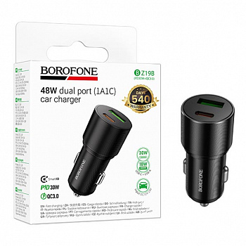 АЗУ блок Borofone BZ19B (PD30W+QC3.0)Wisdom 48W dual port car charger (Black) (94)