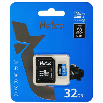 Карта памяти Micro SD 32 GB Netac P500 Standard Class 10 UHS-I (90 Mb/s) + SD адаптер