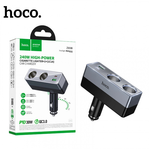 АЗУ блок Hoco Z65B Smart dual cigarette lighter(PD48W/1A1C) car charger (Black) (11)